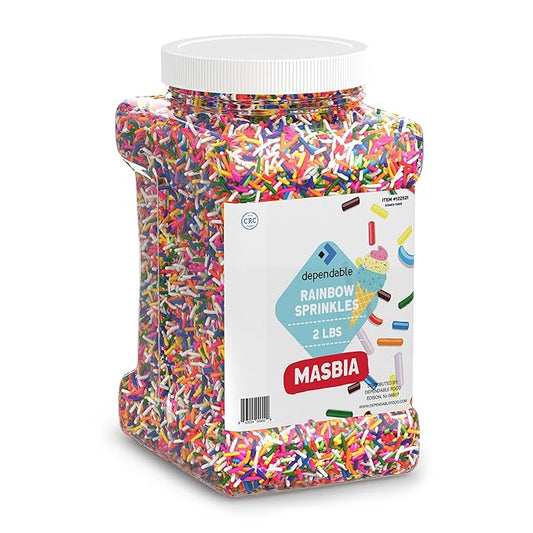 Dependable Food Rainbow Sprinkles - 2 Lb. Bulk Container - Gluten-Free, Kosher, Colorful Jimmies for Cake Decorating, Cupcakes & More - Resealable Jar