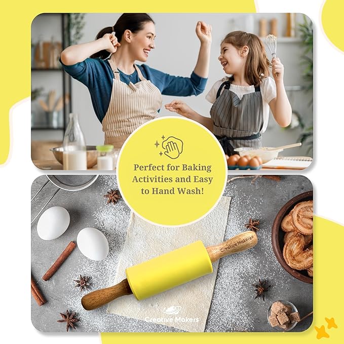 Small Rolling Pin for Kids, Non-Stick Silicone Surface with Wooden Handles for Play Dough and Baking Rolling Pin (Lemon Yellow)