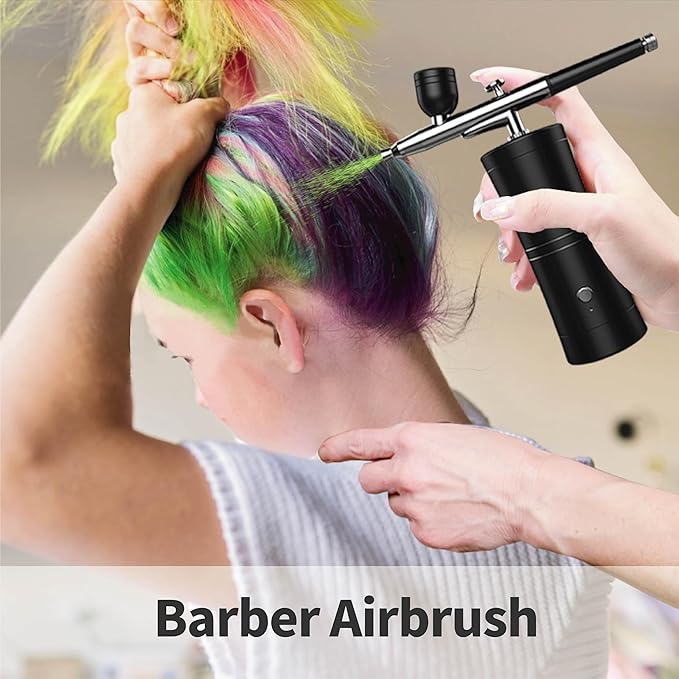 Cordless Rechargeable Airbrush Kit with Compressor - Adjustable High-Pressure Non-Clogging 0.3mm Nozzle Complete Set for Nail Art, Cake Decor, Barber, Model Painting & Makeup (Black)