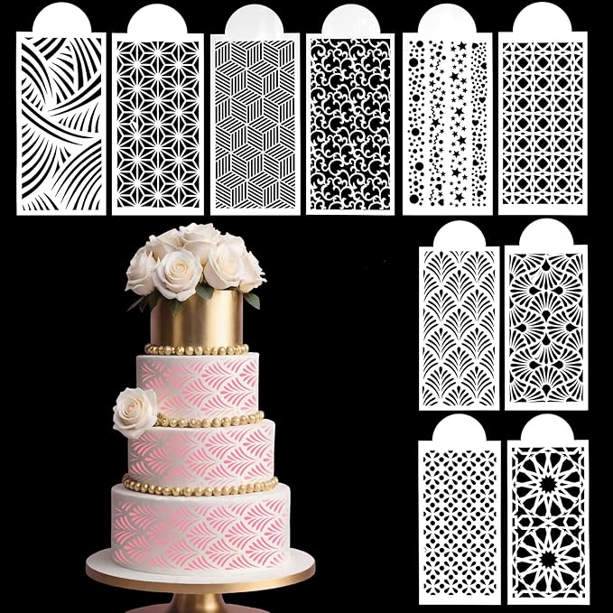 Cake Stencils for Buttercream, 10 PCS Mesh Floral Stencils for Cakes Decorating Supplies DIY Side Baking Stencil Reusable Templates for Fondant Cookie Wedding