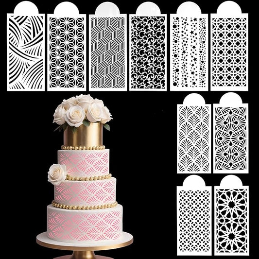 Cake Stencils for Buttercream, 10 PCS Mesh Floral Stencils for Cakes Decorating Supplies DIY Side Baking Stencil Reusable Templates for Fondant Cookie Wedding