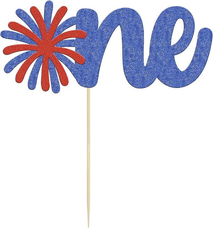 1Pc Happy Independence Day One Cake Topper Glitter Firework Happy 4th of July First Birthday Cake Decorations for Independence Day Theme Party Cake Decorations Supplies