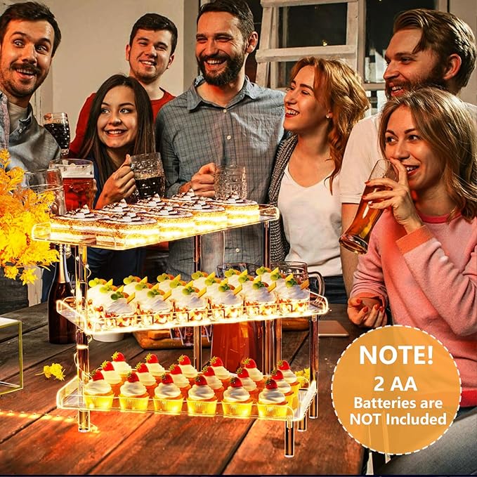 3 Tier Cupcake Stand, Acrylic Dessert Table Display Set with LED Light Premium Holder Dessert Serving Tray for Birthday Candy Bar Décor Weddings, Parties Events (Yellow Light)