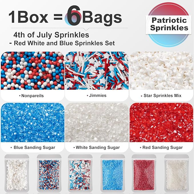 Huebeaty 6-in-1 Red White and Blue Sprinkles - Patriotic 4th of July Star Sprinkles for Cake Decorating & Baking-180g | Sanding Sugar, Nonpareils & Jimmies for Cupcakes, Cookies, Ice Cream