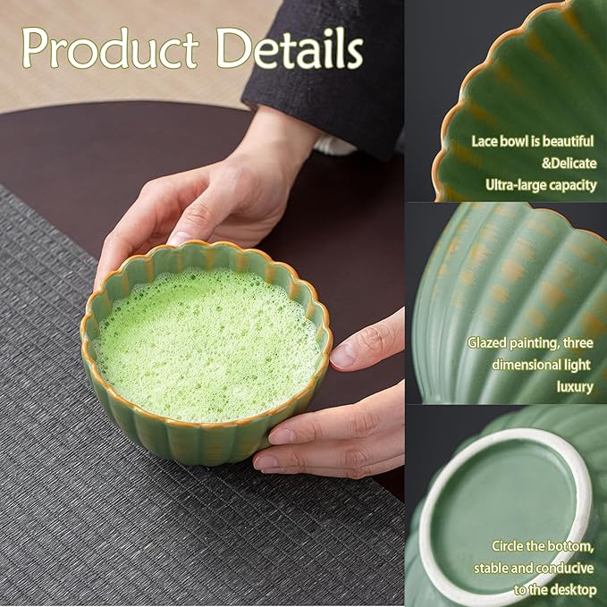 8PCS Matcha Whisk Set - Matcha Set Ceramic Whisk and Bowl, Japanese Buucup Matcha Set, Sifter, Scoop, Holder & Tea Towel for Traditional Matcha Ceremony (Green)