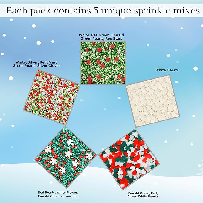 Confect Christmas Sprinkles | Sprinkles for Baking & Cake Decorative | Assorted pack of 5 Silver, Red, Green & White I Heart, stars, Snowflakes sparkling sugar | Cookie sprinkles| Dessert Decorating