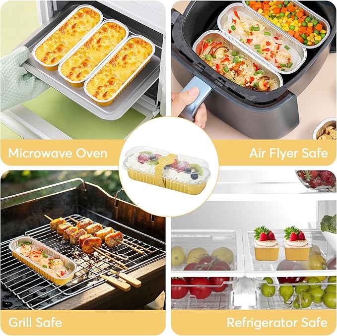 Ruckae 100 Pack Mini Loaf Pans with Lids and Spoons Disposable Aluminum Tin Foil Pans Rectangle Mini Loaf Cake Pan for Baking,Party,Picnics,Gifts (Gold)