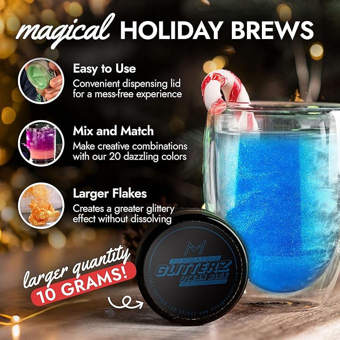 MONÉGASQUE Ocean Blue Edible Glitter for Drinks 10g – Blue Edible Glitter for Cakes & Beverage - Food Decorating & Christmas Cake Decorations Spray - Champagne Sprinkles & Cocktail Drink Shimmer Flake