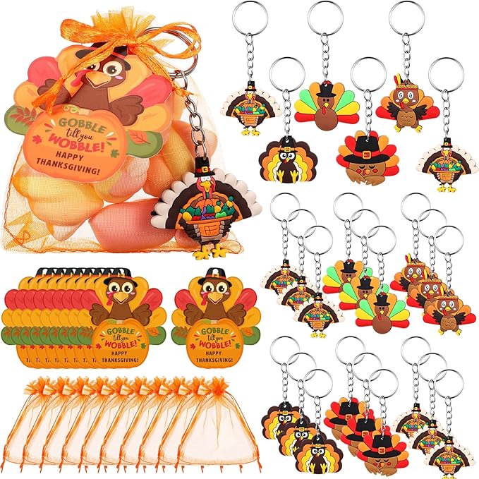 72 Pcs Thanksgiving Gifts for Students 24 Set Friendsgiving Goodie Bags Turkey Keychain Gifts & Organza Bags & Card for Students Key Chain Classroom Reward Gift Party Goodie Bag Stuffers Gift