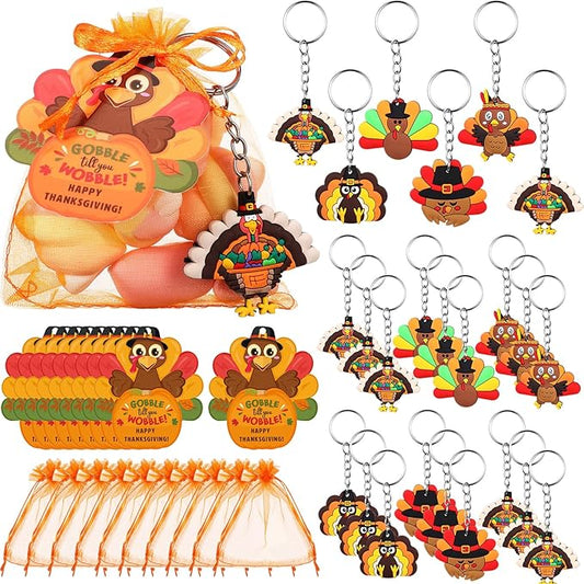 72 Pcs Thanksgiving Gifts for Students 24 Set Friendsgiving Goodie Bags Turkey Keychain Gifts & Organza Bags & Card for Students Key Chain Classroom Reward Gift Party Goodie Bag Stuffers Gift