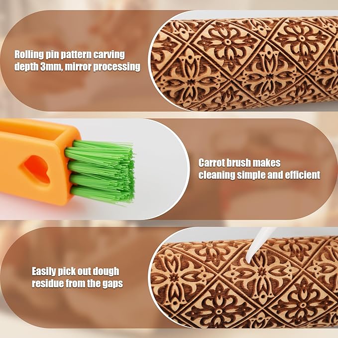 17" Premium Wooden Rolling Pins for Baking with European Embossed Designs | 3mm Deep Springerle Cookie Molds | Christmas Rolling Pin & Baking Gifts for Women | Includes 3-in-1 Cleaning Brush
