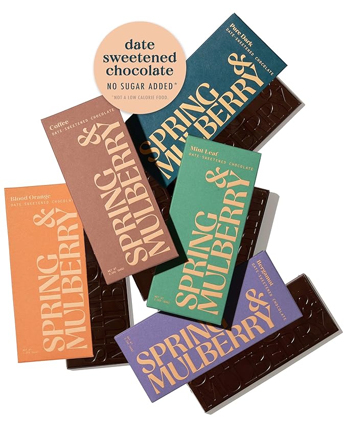 Spring & Mulberry Date-Sweetened Chocolate – 5-Bar Pack, Flavors with Fruits, Nuts, Spices & Essential Oils for the Perfect Treat
