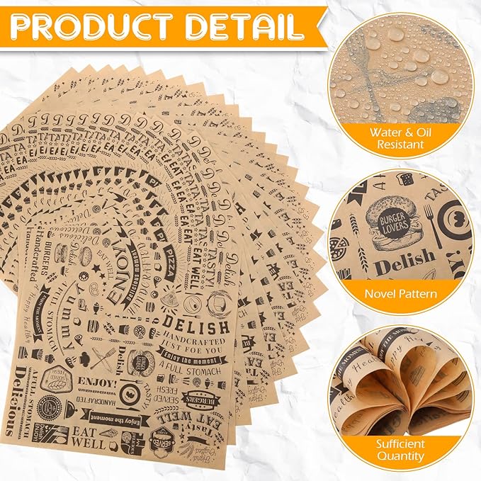 200 Pcs Deli Wax Paper Sheets 15 x 15 Inch Large Newsprint Sandwich Paper Wraps Greaseproof Food Basket Liners Newspaper Wrapping Square for Halloween Christmas Burger Bread BBQ Picnic (Brown Black)