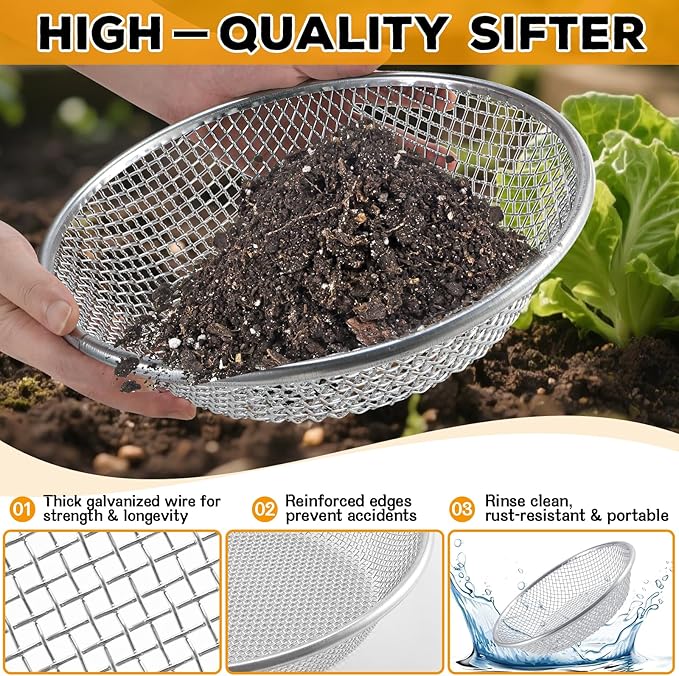 Sifter.Size 1/8" Mesh Soil Sifter Sieve - Heavy Duty Galvanized Screen for Compost, Dirt, Rocks, Gravel & Garden - Fits 5 Gallon Bucket, Rust-Resistant - Composting & Sifting Tool
