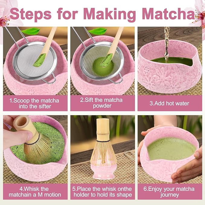 Matcha Whisk Set, 7 Pcs Matcha Kit Includes Matcha Bowl, Whisk and Holder, Bamboo Scoop, Scoop Rest, Sifter and Tea Towel, Gift for Matcha Lover (Pink)