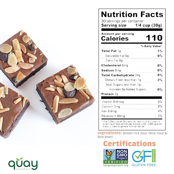 Quay Naturals Organic Brown Rice Flour, 2 lb, Finely Milled, Gluten-Free, Non-GMO, Vegan, USA Grown, Stone Ground, Whole Grain