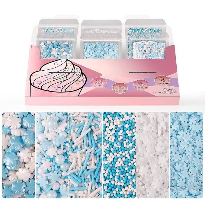 HUEBEATY 6-in-1 Edible Snowflake Sprinkles – Blue and White Winter Sprinkles for Cake Decorating, Cookies, Cupcakes & Baking | 6.36oz/180g | Frozen, Christmas, Holiday, and Winter Wonderland Decorations