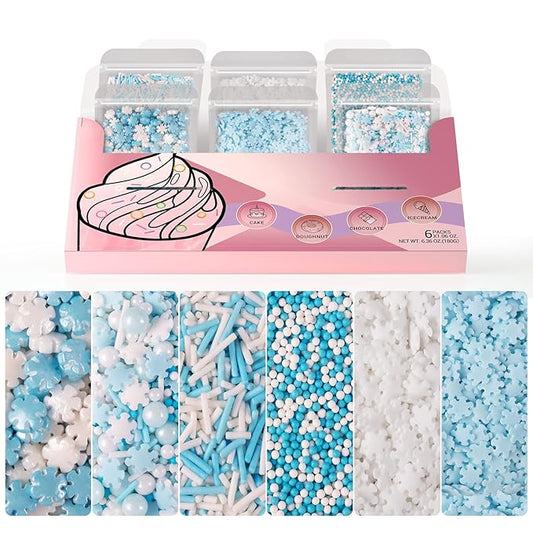 HUEBEATY 6-in-1 Edible Snowflake Sprinkles – Blue and White Winter Sprinkles for Cake Decorating, Cookies, Cupcakes & Baking | 6.36oz/180g | Frozen, Christmas, Holiday, and Winter Wonderland Decorations