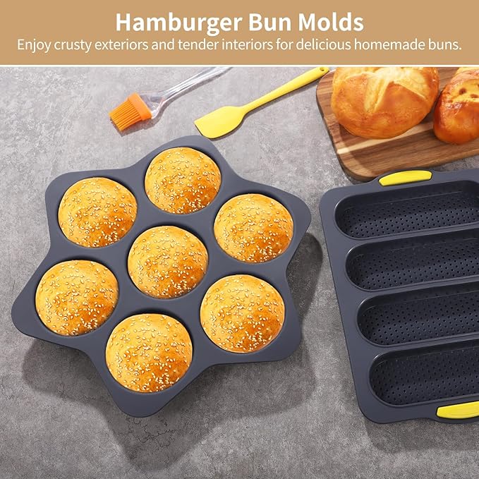 Set of 6 Hamburger Bun Pans, 4/7/9-Cup Silicone Burger Bun Molds with Brush, Spatula, and Grab Glove, Nonstick Perforated Baking Pans, Rectangular Loaf Molds, Dishwasher and Microwave Safe