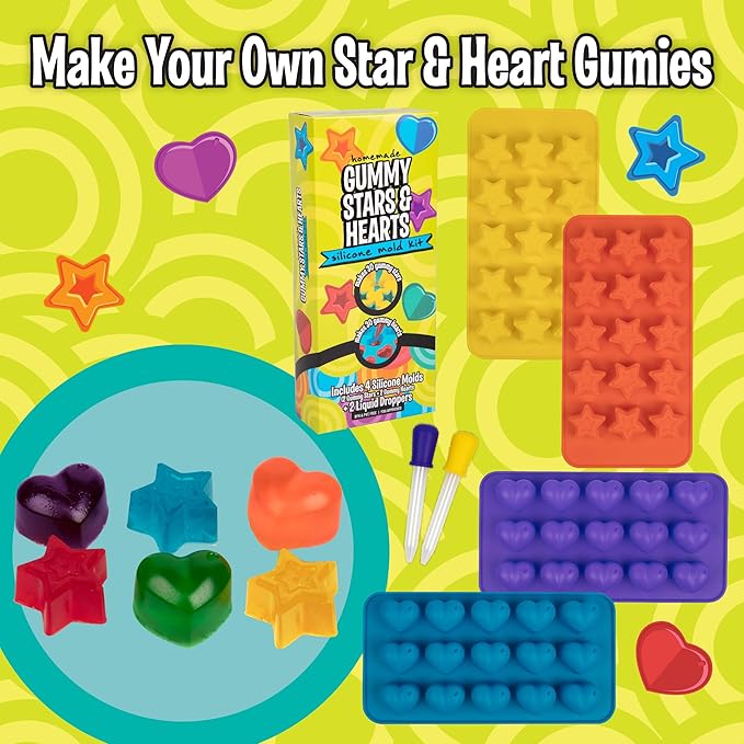 Star & Heart Silicone Candy Molds 4 Pack with 2 Droppers- Nonstick Gummy, Chocolate, Ice Cube & Baking Molds- BPA-Free Trays for Holiday Treats, Fall Crafts, Birthday Party Favors & DIY Gifts for Kids