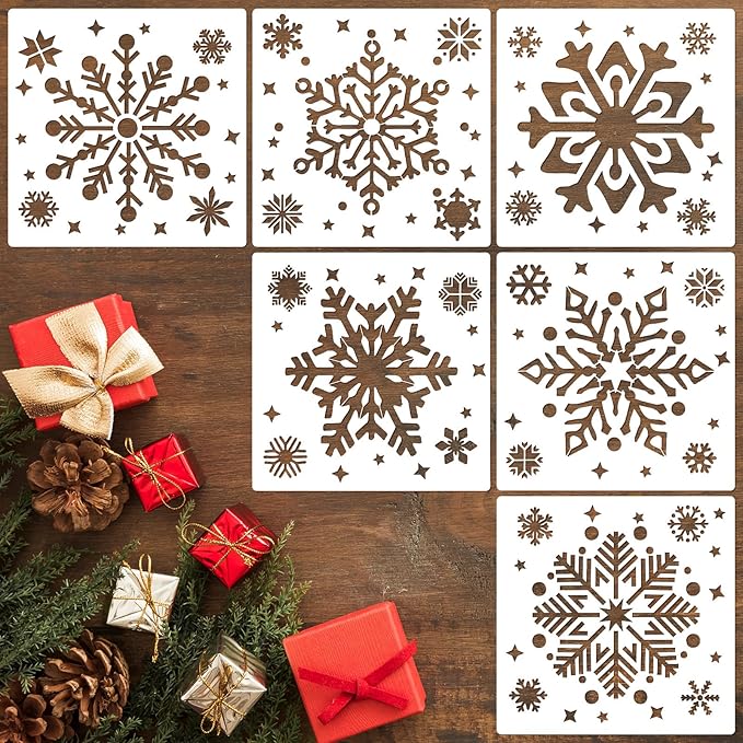 6 Pack Christmas Snowflake Stencils for Crafts, 8 Inch Reusable Snowflake Drawing Painting on Wood, Winter Holiday Snow Flake Stencils Template for Christmas Xmas Window Wall Home Decor
