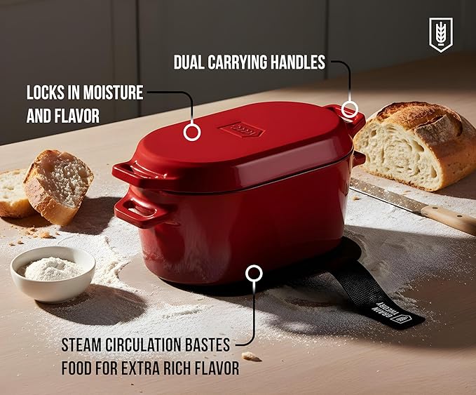 KooK Dutch Oven, for Bread Baking, Sourdough Loaf Pan, Dual Handles, Enameled Cast Iron, with Sling, Dishwasher Safe, 3.4 Qt, Cherry Ombre
