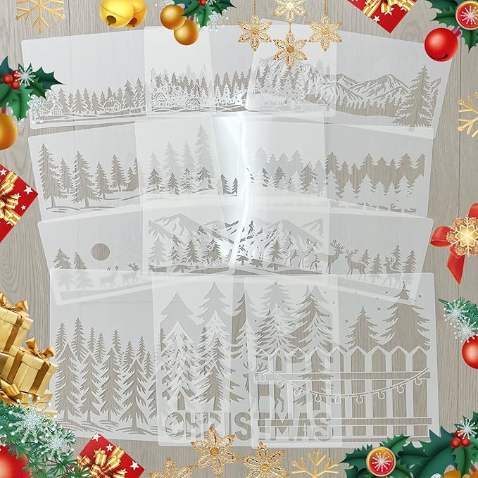 12 Pcs Large Christmas Window Stencils, Reusable Winter Scene Forest Reindeer Stencil, Mountain Tree Stencils for Painting on Wood Doormat Glass Fabric