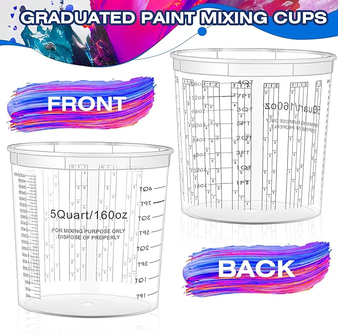 Mifoci 30 Pcs 160 oz Graduated Paint Mixing Cups 5 Quart Disposable Clear Paint Mixing Bucket Plastic Epoxy Measuring Cups with Mixing Ratios on Side of Cup for Paint, Resin, Epoxy, Art