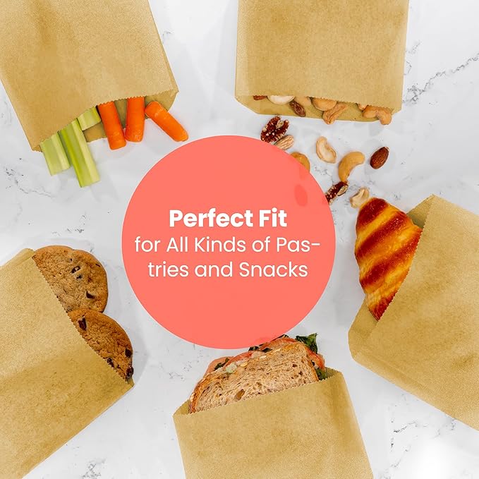 Fit Meal Prep 200 Pack Paper Sandwich Bags 7 x 6”, Greaseproof Snack Bags, Unbleached Pastry Bag, Recyclable Small Brown Paper Bags, Cookie Sleeves, Food Packing for Bakery, Donuts