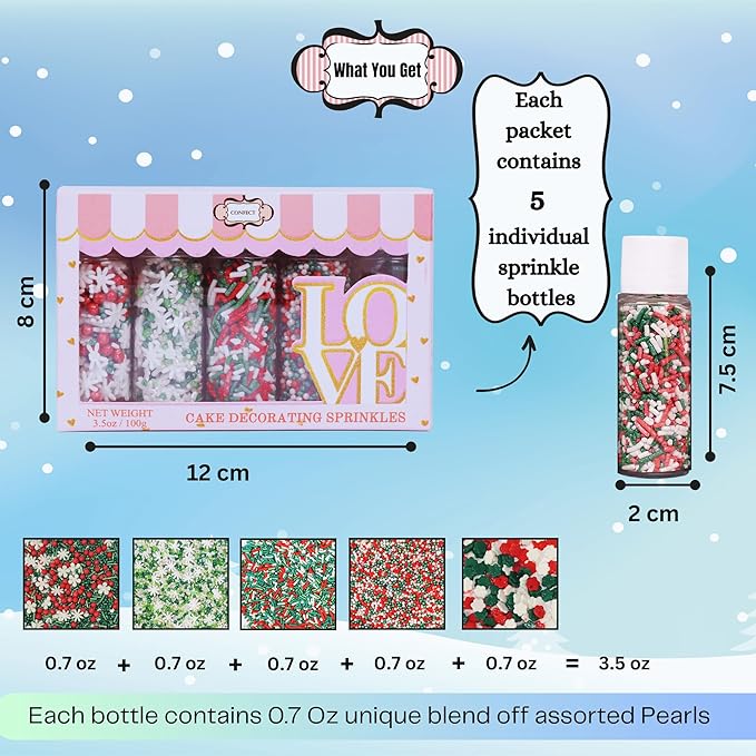 Confect Christmas Sprinkles | Christmas Sprinkles - Snowflakes in Red, Green & White I Confetti Pearls & sparkling for Dessert Decorating
