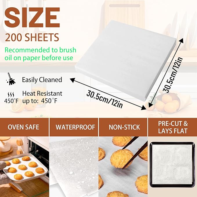 200 Pcs Parchment Paper Baking Sheets, 12"x12" Precut Non-Stick Baking Parchment Paper Sheets Bun Sheet Pan Liners.Baking Grilling Air Fryer Steaming Bread Cup Cake Cookie (White-12"x12")