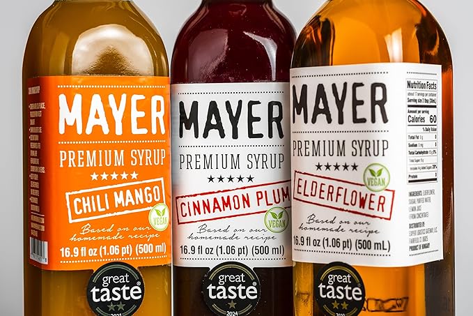 Mayer Premium Hungarian Handcrafted Syrup Variety Pack – Award-Winning Natural Fruit Syrups (Raspberry, Mango, Elderflower, Sour Cherry, Strawberry), No Artificial Additives, 5 × 16.9oz Bottles