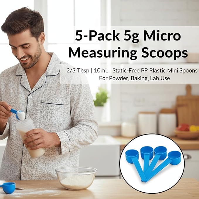 5g Plastic Measuring Spoons (10ml) – Pack of 5 Small Scoops for Protein Poweder, Creatine, Coffee, Lab, Baking, Laundry, Canisters, Dry Goods – 1 Teaspoon Measuring Spoons (tsp), Blue