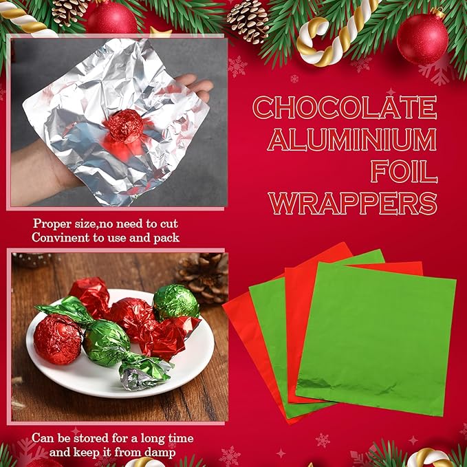400 Sheets Christmas Foil Chocolate Candy Wrappers Aluminum Tin Foil Wrapping Paper for Packaging Decoration Red Green Wrappers DIY Baking Homemade Food Party Favors 6 x 6 Inches