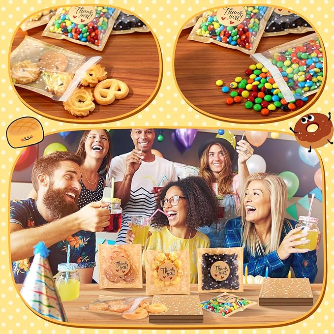 Self Adhesive Cookie Bags Cellophane Polka Dot Treat Bags Small Plastic with Thank You Stickers for Party Gift Giving Bakery Biscuit Candy Pastry(3.94 x 3.94 Inch,Small Dot,100 Pcs)
