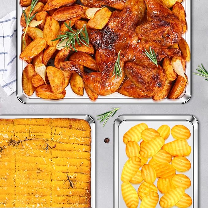 Baking Sheet Set of 3, Stainless Steel Baking Sheet Pan Set, Cookie Sheets for Baking, Cookie Tray for Roasting, Heavy Duty & Easy Clean & Dishwasher Safe, 9/12/16 Inch