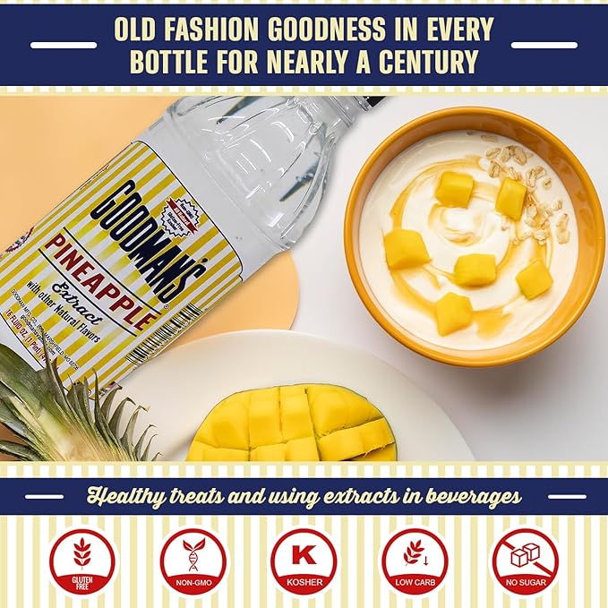 Goodman's Natural Pineapple Extract - Gluten-Free, Non-GMO, Kosher, Low Carb & Low Calorie, Low Alcohol, No Artificial Color, No Animal Products, No Sugar -Tropical Flavor for Baking & Cooking -1 Pint
