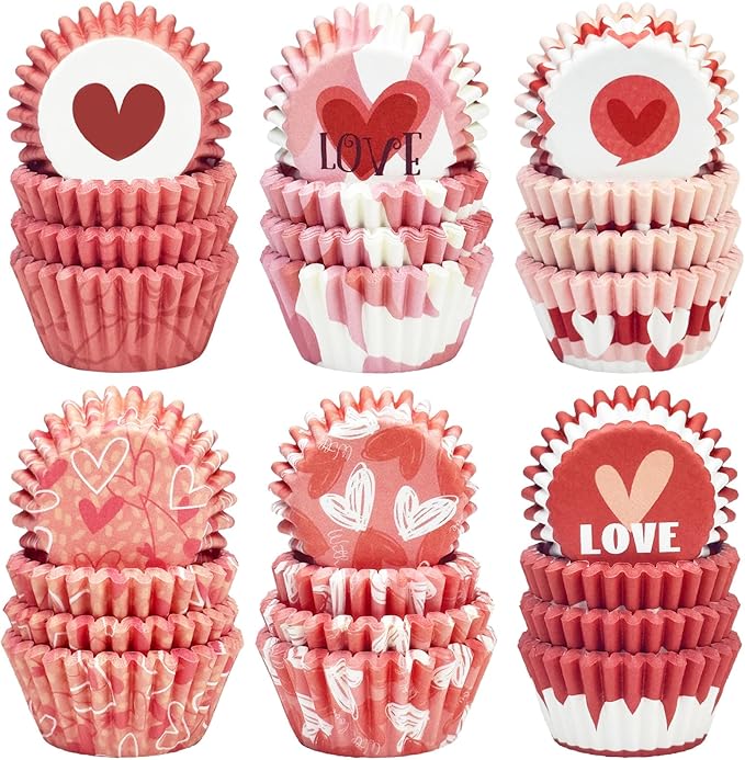 qiqee Valentine Cupcake Liners Mini Muffin Liners for Christmas 300-Count 6 Original Design No Smell, Food Grade Baking Cups Paper(Small Size)
