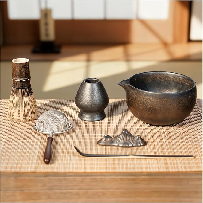 7-Piece Matcha Set, Ceramic Matcha Bowl, Bamboo Whisk (Chasen), Whisk Holder, Sifter, Tea Scoop & Scoop Rest, Special Bamboo Tea Mat, Harmonious Color Matcha Making Kit, Gilded