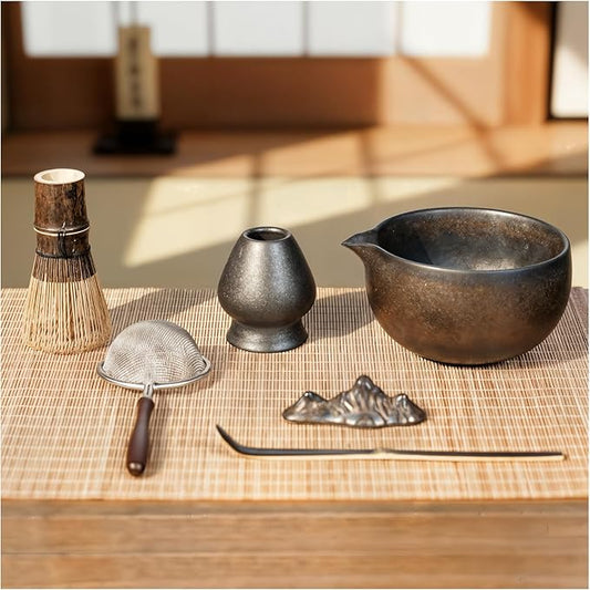 7-Piece Matcha Set, Ceramic Matcha Bowl, Bamboo Whisk (Chasen), Whisk Holder, Sifter, Tea Scoop & Scoop Rest, Special Bamboo Tea Mat, Harmonious Color Matcha Making Kit, Gilded