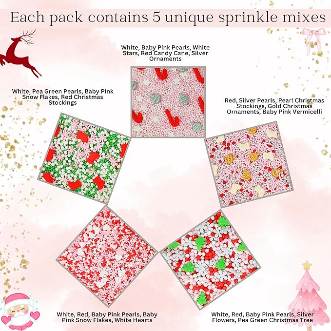 Confect Christmas Sprinkles | Christmas Sprinkles - Green White Silver Pink Pearls Sparkling sugar I Christmas Tree Stocking & Candy Canes for Dessert Decorating- 5 Oz