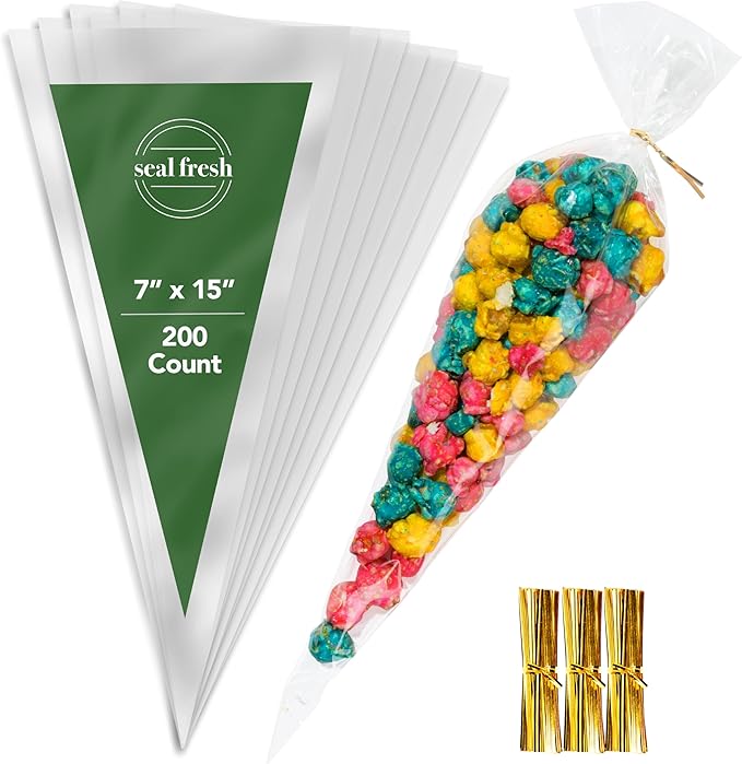 Seal Fresh Cone Cellophane Bags with Twist Ties – 7 x 15 Inch (200 Pack) — Clear Cone-Shaped Treat Bags for Candy, Snacks, Party Favors, Popcorn, Gifts