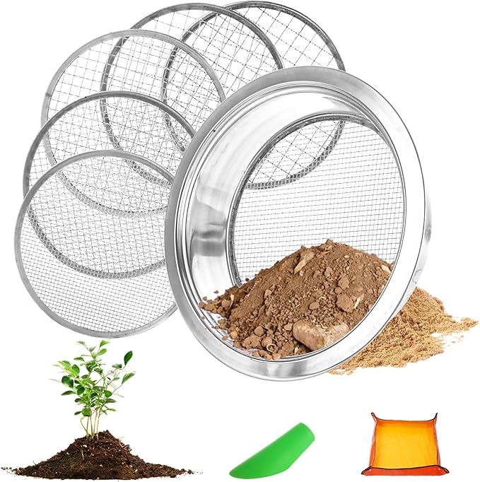 Soil Sifter for Gardening Stainless Steel Soil Sifting Pan Round Sifter for Rocks with 1,3,6,9,12mm Sieve Mesh Bonsai Soils Scoops and Garden Mat Set Garden Sieve Soils Sifters for Gravel, Sand