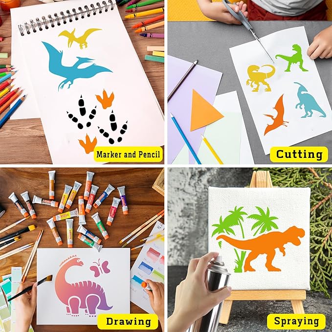 80 Pcs 6 x 6 Inch Stencils for Painting on Wood, Reusable Dinosaur Animal Mountain Plastic Stencils DIY Craft Paint Template Set for Wall Card Rock Home Decor