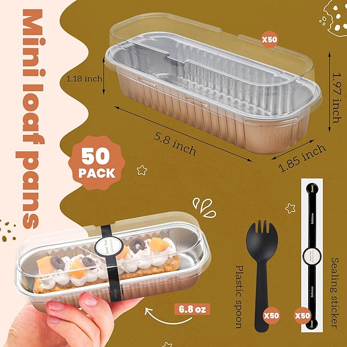 50 PACK Mini Cake Pans with Lids and Spoons, Rectangular Aluminum Foil Bread Pan, Mini Loaf Pans and Food Containers with Lids(Champagne, 6.8oz)