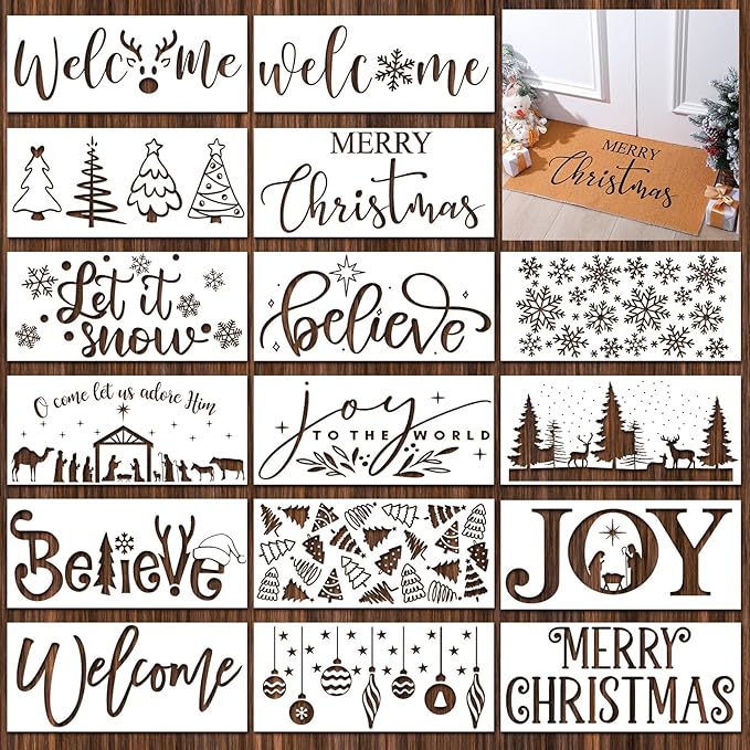 Dunzy 16 Pcs Christmas Stencils for Door Mats Crafts Reusable Merry Christmas Welcome Templates Large Stencil for Painting on Wood Sign Wall Doormat DIY Project