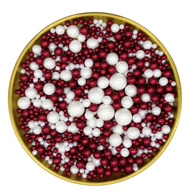 Dynastang Mixed Size Red & White Pearls Sprinkles Edible Pearls Cake Decorating Pearls Cake Decorations Cupcake Toppers Cookie Decorating Perfect for Cakes, Cupcakes, Desserts Toppings 3OZ