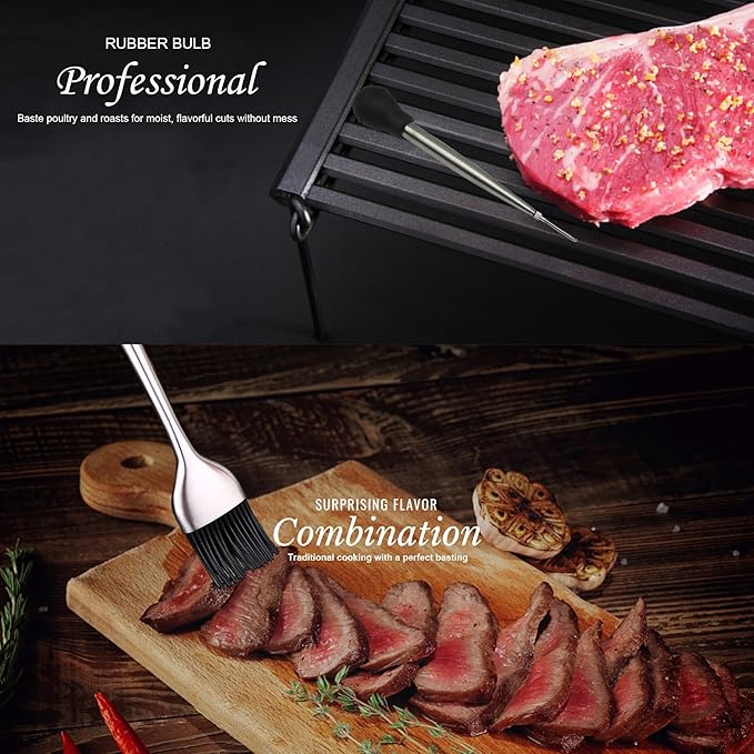 Kaycrown Stainless Steel Turkey Baster With BBQ/Grill Basting Brush, Commercial Grade Quality Rubber Bulb Including 2 Flavor Needles And Cleaning Brush For Easy Clean Up