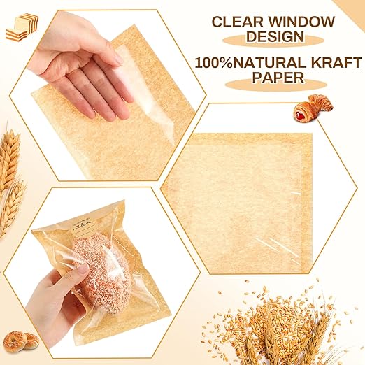 Outus 240 Pcs Cookie Packaging Bags with Seal, 5.1 x 7.5 Inch Bakery Pastry Bags with Window, Heat Sealable Grease Resistant Paper to Go Bake Sleeves for Gift Giving Donut Bread Sandwich (Brown)
