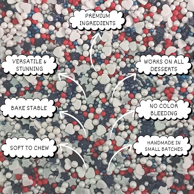 Confect Cake Mate Dessert Sprinkles – Red, White & Silver Edible Sprinkles – Pearl, Star & Heart Shapes –Toppings for Cake Decorating, Cupcakes, Cookies & Ice Cream | Vegan, Gluten-Free, Soy-Free, Dairy-Free, Palm Oil-Free- 4.2 Oz